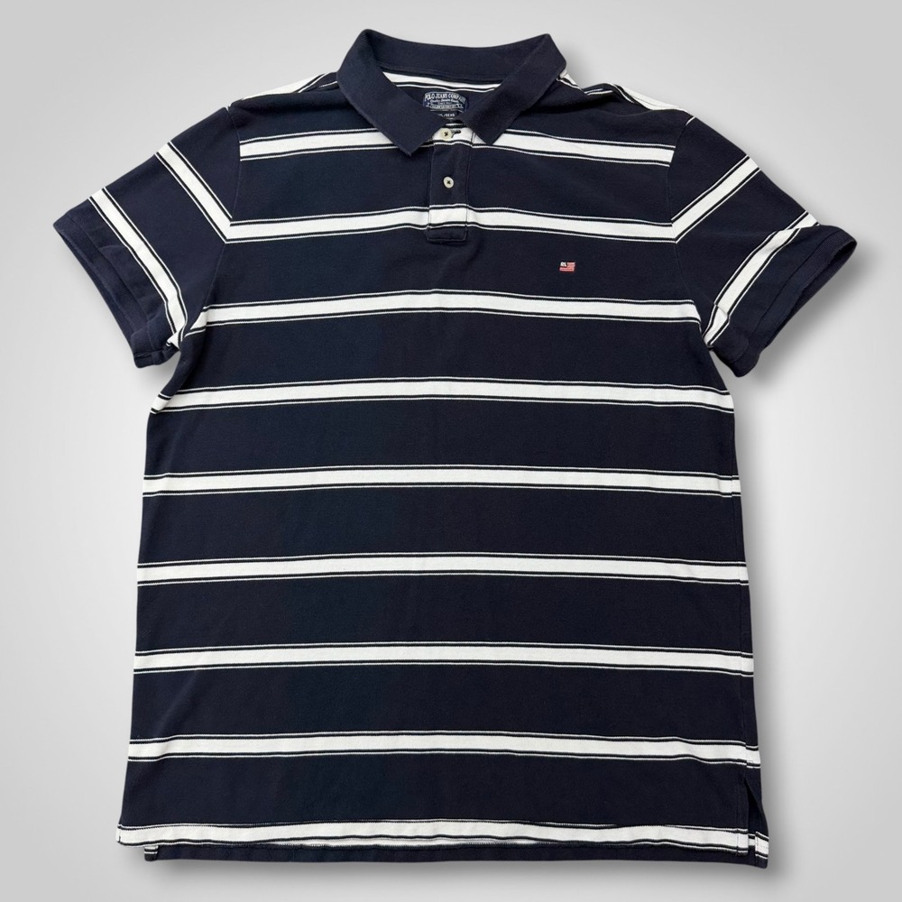 Polo Jeans Co Ralph Lauren Mens XXL Navy Blue White Striped Cotton Polo Shirt